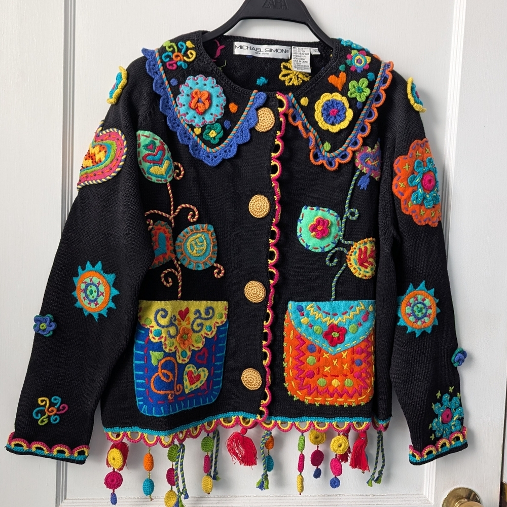 Michael Simon Black Sweater Cardigan with Multicolor Embroidery and Tassels